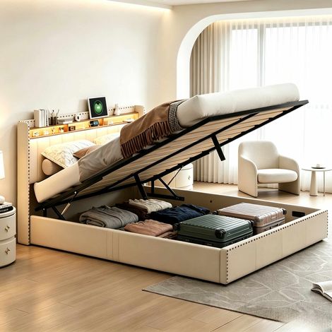 Letto matrimoniale 140x200 cm – Letto per adulti – Porte USB e elettriche – Illuminazione a LED – Rete a doghe – Velluto beige (1/5)