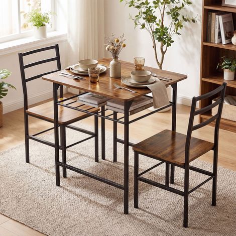 Table ronde marron avec 2 chaises assorties, set de salle à manger pour 2 personnes, piètement en métal (1/5)