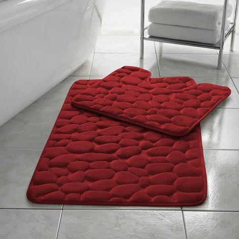 DEESSE SHOP - Ensemble de tapis de bain en galets Ensemble de piédestal en mousse à mémoire de forme Tapis de salle de bain 2 pièces Tapis de bain rouge absorbant doux et antidérapant (50 cm x 80 cm) (1/4)