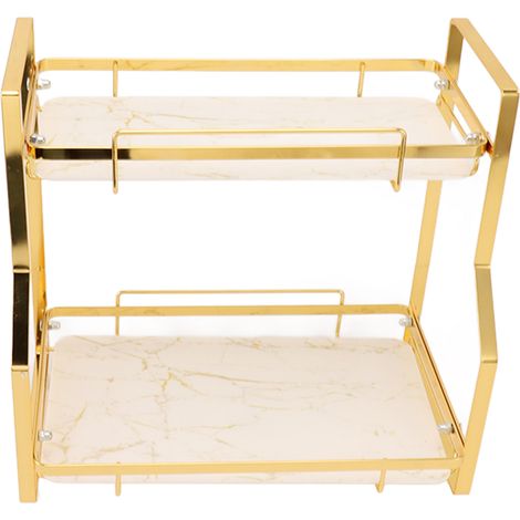 Étagère de rangement murale d'angle pour salle de bain, support sur pied pour salon, chambre, cuisine, blanc et or, 2 niveaux (1/5)