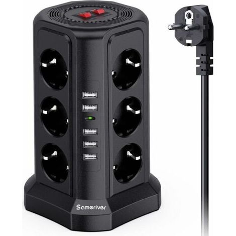 Multiprise tour, multiprise avec 12 prises et 5 ports USB (2500 W/10 A), multiprise de protection contre la foudre avec câble de 5 m et 2 interrupteurs, protection contre les surcharges (1/4)