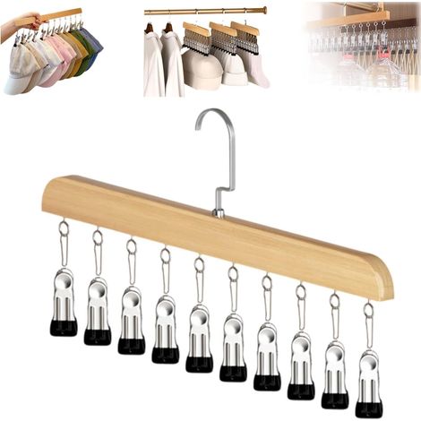Organisateur de Placard avec 10/12 Pinces – Cintre Rotatif Gain de Place pour Leggings, Jeans et Jupes, Support Suspendu avec Pinces Antidérapantes en Silicone (Wood-10 Clips) (1/5)