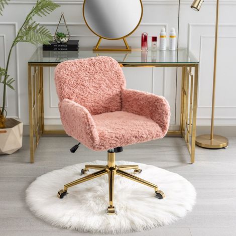 Chaise bureau fourrure lapin pivotante 360° réglable avec accoudoirs base métal doré 61x60x90 cm chaise maquillage chambre bureau, rose (1/5)