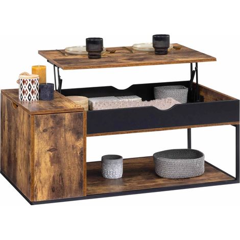 Idmarket – Table basse relevable rectangulaire bois effet vieilli et métal noir – Coffre latéral et mécanisme en acier laqué – Dimensions 100x55x40cm