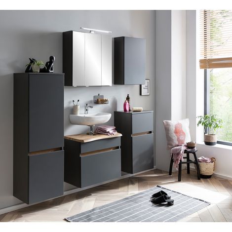 Badezimmer Möbel Set in Wotan Eiche Nb. VIDAGO-03 mit Baumkante und Spiegelschrank inkl. LED Aufbauleuchte, B/H/T: ca. 171/200/40 cm (1/5)