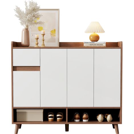 Buffet moderne, commode et meuble à chaussures avec grand espace de rangement, 4 portes et 1 tiroir, avec une étagère réglable pour salle à manger, salon ou cuisine, blanc + naturel, dimensions: 12035