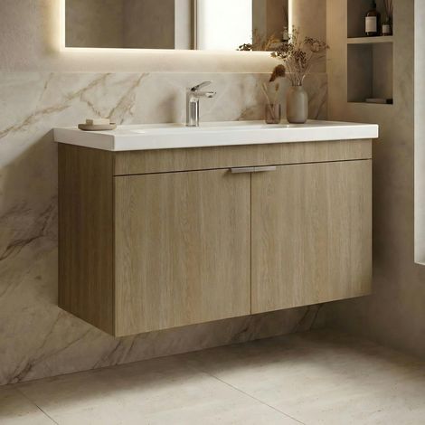 Meuble vasque suspendu 90 cm décor chêne 2 portes NEA (1/5)