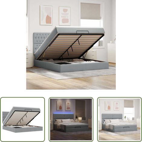 vidaXL LED-Beleuchtung - Ottoman-Bett mit Matratze & LEDs Hellgrau 160x200 cm Stoff (1/5)