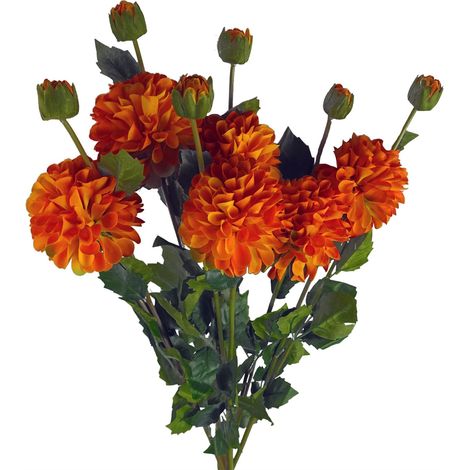 Pack of 6 x 75cm Artificial Dahlia PomPom Flower Stem Orange (1/5)