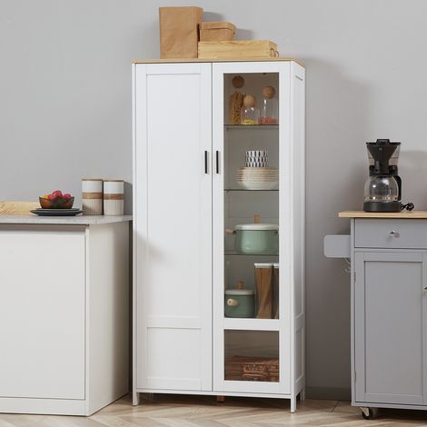 Buffet Armoire de Cuisine Meuble Vitrine 7 Étagères 3 Verre 76x36x160cm Blanc