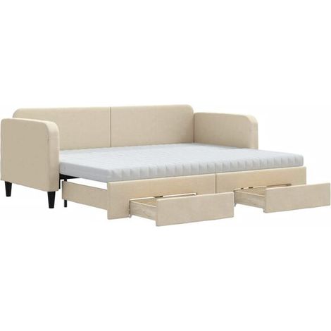 Canapé-lit avec matelas gigogne et tiroirs, beige, 80x200 cm, tissu. (1/5)