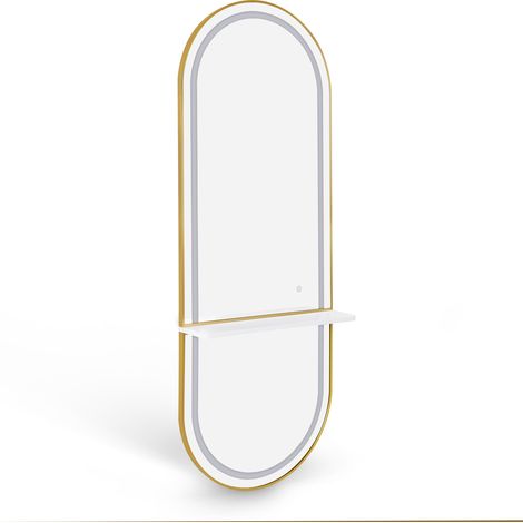 BarberPub Wandspiegel mit Beleuchtung, Ganzkörperspiegel mit Aluminiumrahmen, Großer Spiegel mit Ablage, Touch-Schalter, 3 Lichtfarben Dimmbar, J6270 (Weiß-Gold)