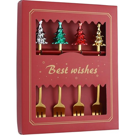Ensemble de couverts festifs 4 pièces, cuillères et fourchettes élégantes à motif sapin pour le repas et le dessert, collection vaisselle de fêtes, design doré (1/5)