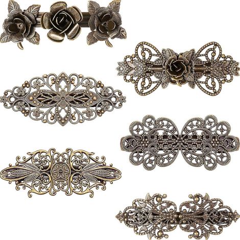Lot de 6 barrettes à cheveux vintage, style rétro français, en métal bronze, épingles à cheveux Lh-1-- (1/5)