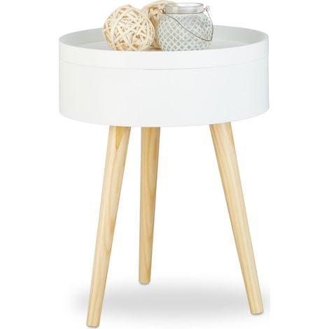 Relaxdays Beistelltisch rund skandinavisches Design, 70er, Nachttisch mit Tablett, Staufach, HxBxT: 50x38x38 cm, weiß (1/8)
