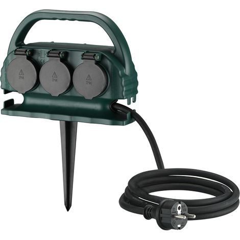 Multiprise de jardin 6 prises IP44 avec poignée de transport et piquet - Prise extérieure étanche avec câble en caoutchouc H07RN-F 5 m vert (1/5)