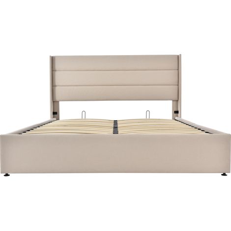 Cama con arcón 160 x 200 cm de lino beige, estructura metálica, somier de láminas de madera, HOMVRA (1/5)