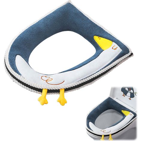 Lot de 2 housses de siège de WC douces avec motif canard 3D en bleu – Protections de siège de WC chaudes et confortables avec fermeture éclair, pour plus de confort dans la salle de bain (1/5)