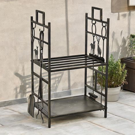 Porte-bûches en fer forgé avec accessoires de cheminée capacité (1/5)