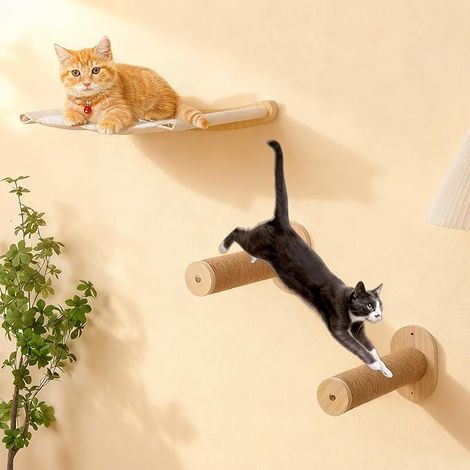 Cat Hammock Wall Mounted with 2 Steps, Wooden Cat Wall Furniture, Climbing and Rest Shelf, Comfortable Canvas Hanging Mat, Space Saving Accessory for Interior, Sturdy Stand (1/5)