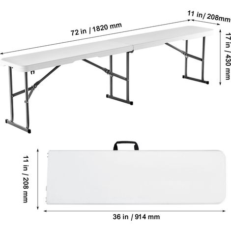 Banc pliable en plastique, 6 pieds, portable pour pique-nique, patio, camping, salle à manger, assise HDPE lisse, pliable, pour jardin, football, activités polyvalentes, lot de 2, blanc. (1/5)