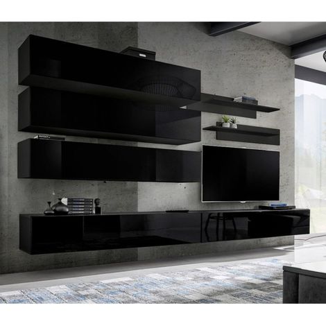 Ensemble Meuble TV Mural "Fly J1" 320cm Noir (1/4)