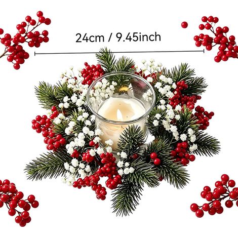 Couronne porte‑bougie de Noël 24 cm, sapin artificiel, baies rouges et gypsophile, centre de table pour décoration festive intérieure, multicolore (1/5)