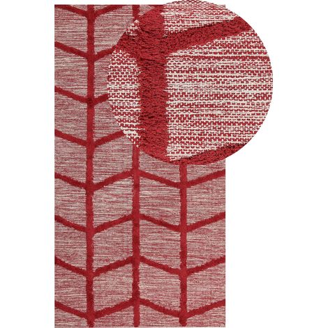 Tappeto in cotone trapunto a mano con motivo geometrico rosso 80 x 150 cm Sivas