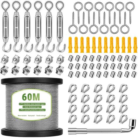 60M/2mm Corde en Acier Inoxydable à Suspendre Kit,Câble en Acier Inoxydable Revêtu PVC avec M4 Tendeurs, pour Treillis Plante Grimpante,Corde a Linge,Garde Corps (1/5)
