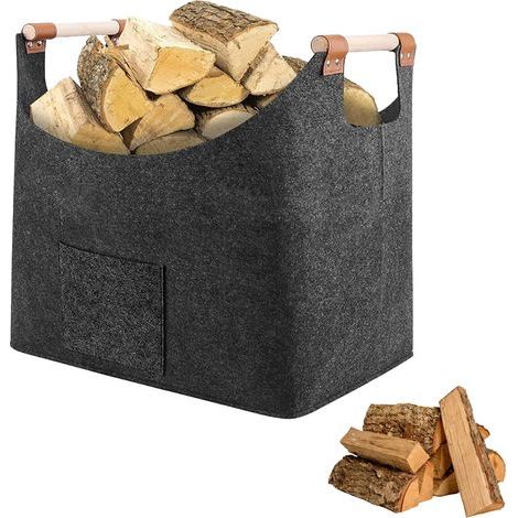 Panier Bois Feutre - 1 pièce, Panier Bois Feutre Pliable Grand + Poignée - Gris Foncé, Pour Bois Chauffage/Rangement (1/5)