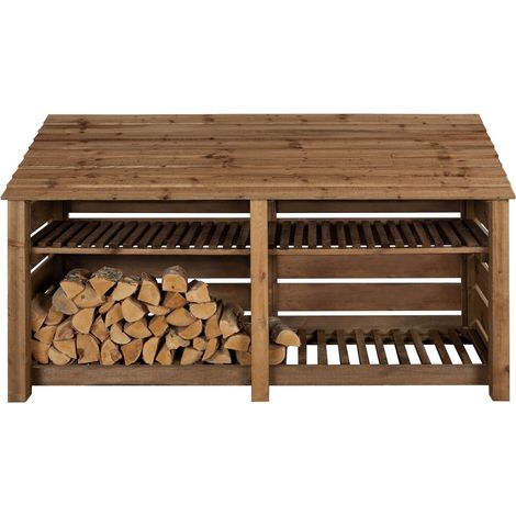 Slatted wooden log store with kindling shelf W-227cm, H-126cm, D-88cm - brown finish
