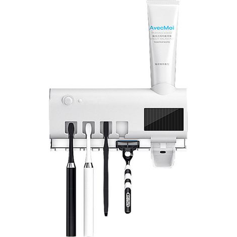 Support Pour Brosse À Dents - Stérilisateur UV - Distributeur De Dentifrice - Fixation Adhésive 3M - Pour 4 Brosses - Blanc (1/5)