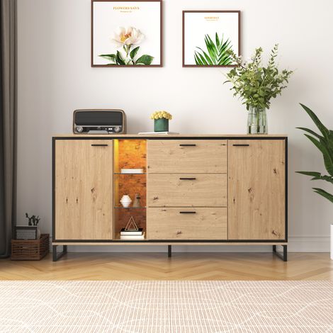Buffet Bas de Salon Design Bois et Noir 160cm - Enfilade de Séjour Moderne avec Éclairage LED 16 Couleurs, 2 Portes, 3 Tiroirs et Étagères en Verre - 160x40x85cm (1/3)