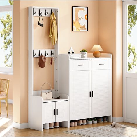 Zapatero de entrada con almacenaje para zapatos, 125x36x165 cm, 2 puertas, 2 cajones, 8 ganchos, MDF blanco (1/5)