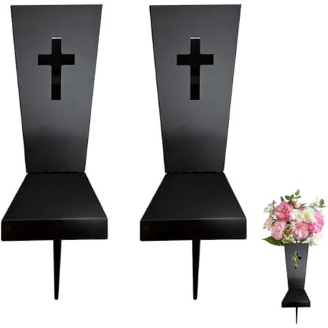 Vase de Cimetière, 2 Pièces de Vase Cimetiere avec Motif en Croix évidée 10,5 x 10,5 x 25 cm Porte-Fleurs de Funéraire en Métal avec Piquet et Trous de Drainage pour Tombes Commémoratifs Funérailles (1/5)