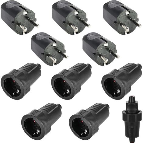 Lot de 5 paires de fiches - 250 V - 16 A - Fiche de contact de protection IP54 - En caoutchouc - 2 broches - Étanche - Noir - Prise et raccord en caoutchouc - Sans câble (1/5)