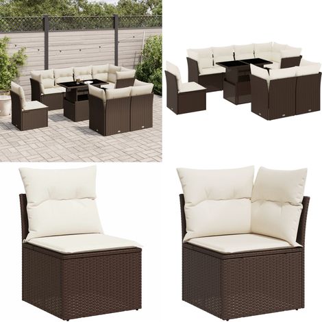9-tlg. Garten-Sofagarnitur mit Kissen Braun Poly Rattan - Gartensorte - Gartenmöbelset - PE-Rattan Möbel - Outdoor Sofa - Lounge Set - Home & Living