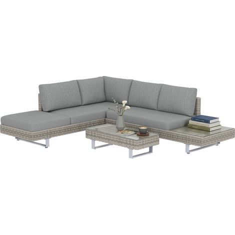 Outsunny conjunto de jardín de ratán de 3 piezas, incluye cojines, sofá de 3 plazas, sofá de 2 plazas con mesa lateral, mesa centro de vidrio, gris