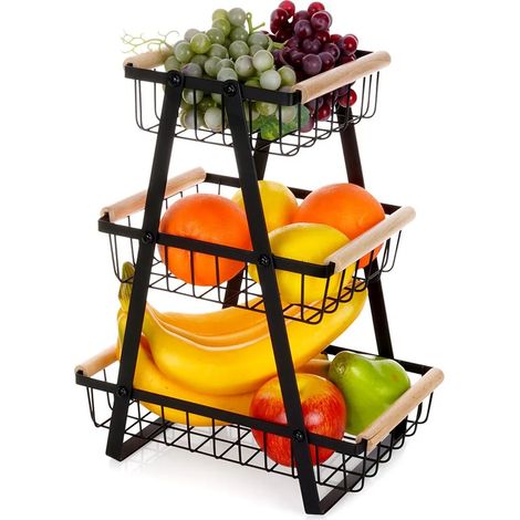 Panier à trois niveaux pour fruits et légumes, plaque en métal noir (1/5)
