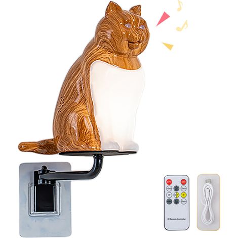 Lampadaire mural rechargeable USB avec figurine de chat décorative, diffuseur de sons et aromathérapie (grain de bois érable), pour chambre et hall (1/2)