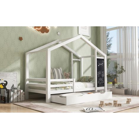 Cama casita 90x200 cm de madera y MDF blanca, con 2 cajones, para niños, sin colchón – MEUBLIV (1/5)