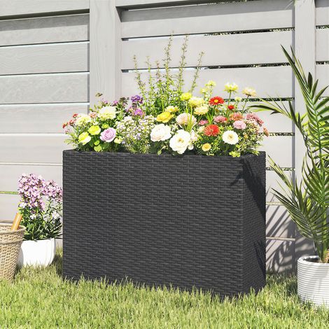 Outsunny Jardinière Surélevée en Résine Tressée - Support de Fleurs avec Bac Amovible & Pieds Réglables, Cadre en Acier, Noir