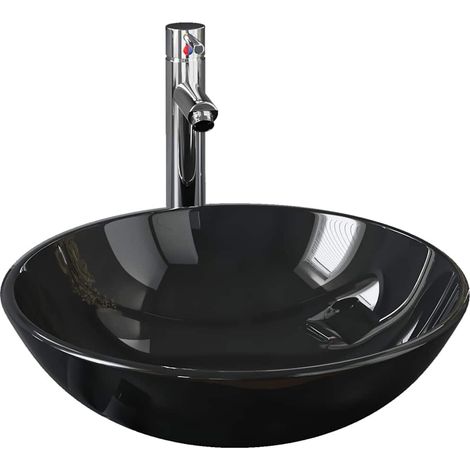 Lavabo vasque à poser Luxueux, Bac à laver, avec robinet et drain à poussoir Verre trempé OIB6030E (1/5)