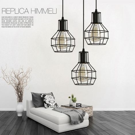 Suspension industrielle en cage de fer, lampe de bar style campagne américaine, lampe rétro pour salon ou café, style dôme noir à trois têtes