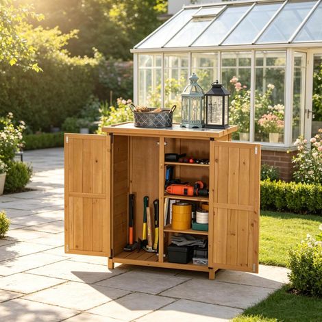 Gartenschrank aus Tannenholz, 75 x 40 x 90 cm, gelb, mit 2 Türen und 3 Regalen OKMYHOME (1/5)