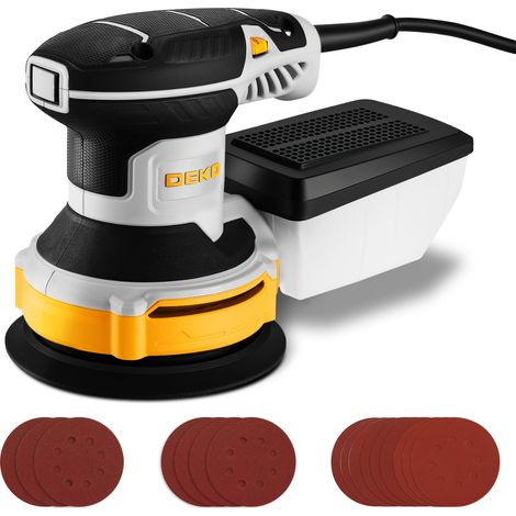 DEKOPRO 300W Ponceuse Orbitale Excentrique, 6 Vitesses, 14000RPM, Papier Abrasif 16 Pièces, Patin de Ponçage 125mm, Collecteur de Poussière, pour Surfaces en Bois et Acier, Jaune-gris
