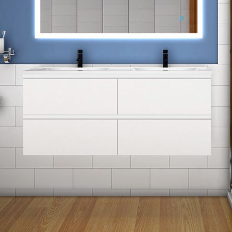 Acezanble 120(L)x46(P)x52(H)cm Acezanble meuble Salle de Bain blanc avec 4 tiroirs à une fermeture amortie avec deux vasques à suspendre