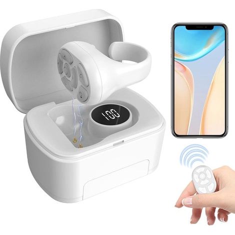 Anello Bluetooth con telecomando, funzione di scorrimento per TikTok e di sfoglio pagine per ebook, custodia di ricarica e schermo LCD, wireless universale, bianco. (1/5)