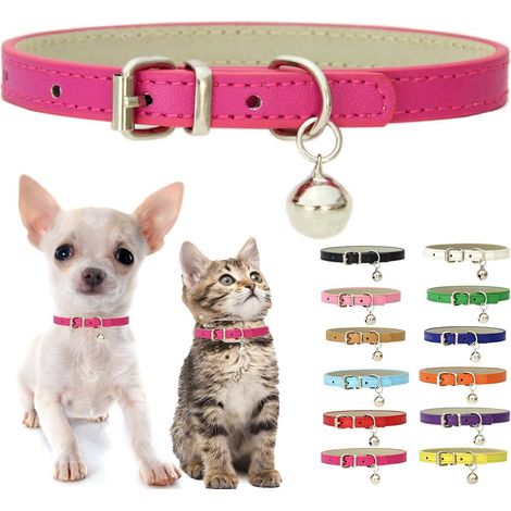 Collier pour chien rose vif (taille XS) avec grelot – Collier pour chat en cuir PU souple avec boucle réglable (1/5)