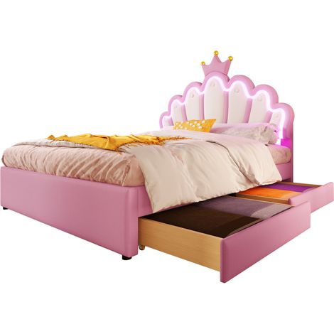 Lit enfant 140 x 200 cm avec tête de lit réglable, LED 16 couleurs, 2 tiroirs, finition rose et forme couronne, sans matelas, pour chambre princesse - CHICFURN (1/5)